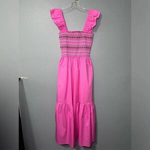 NWOT Strut and Bolt Embroidered Smocked Pink Tiered Maxi Dress Sz MED Summer NEW
